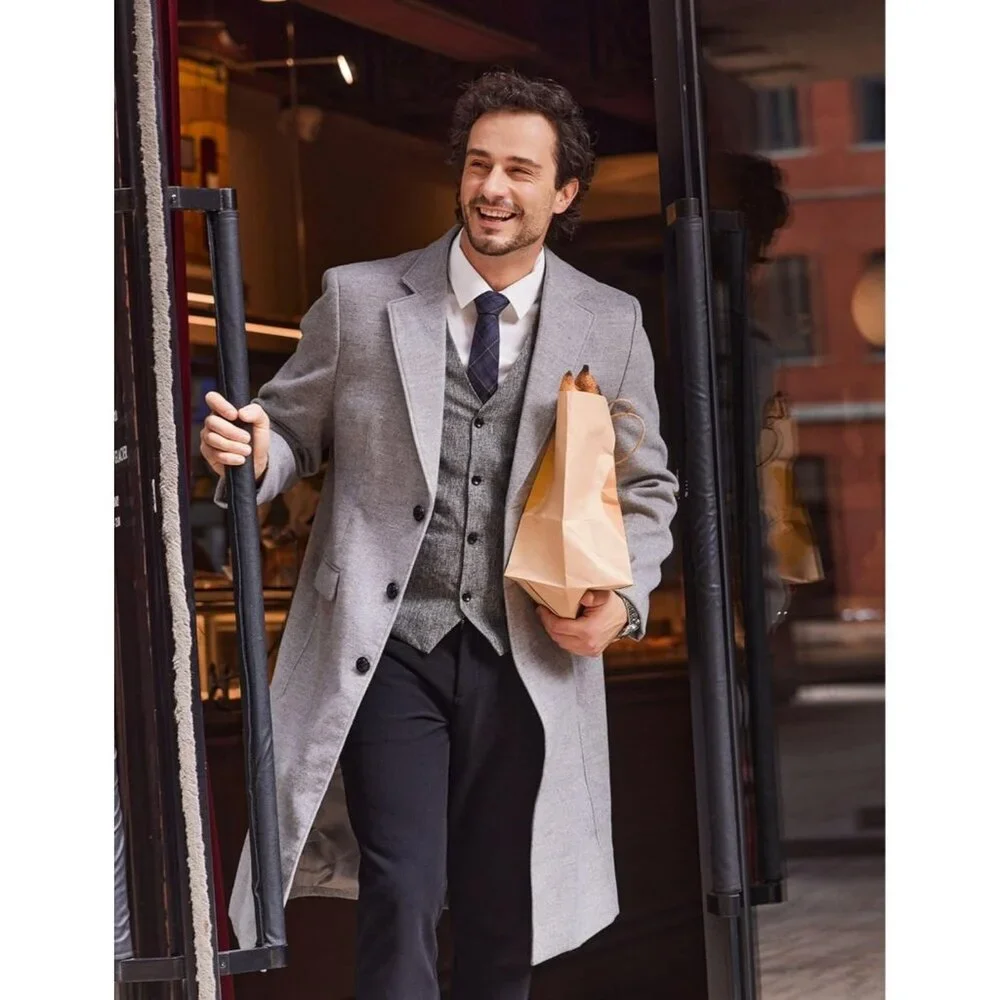 Men's Wool Blend Coat Detachable Plaid Scarf Notched Collar Pea Coat Light Grey - Picture 3 of 6